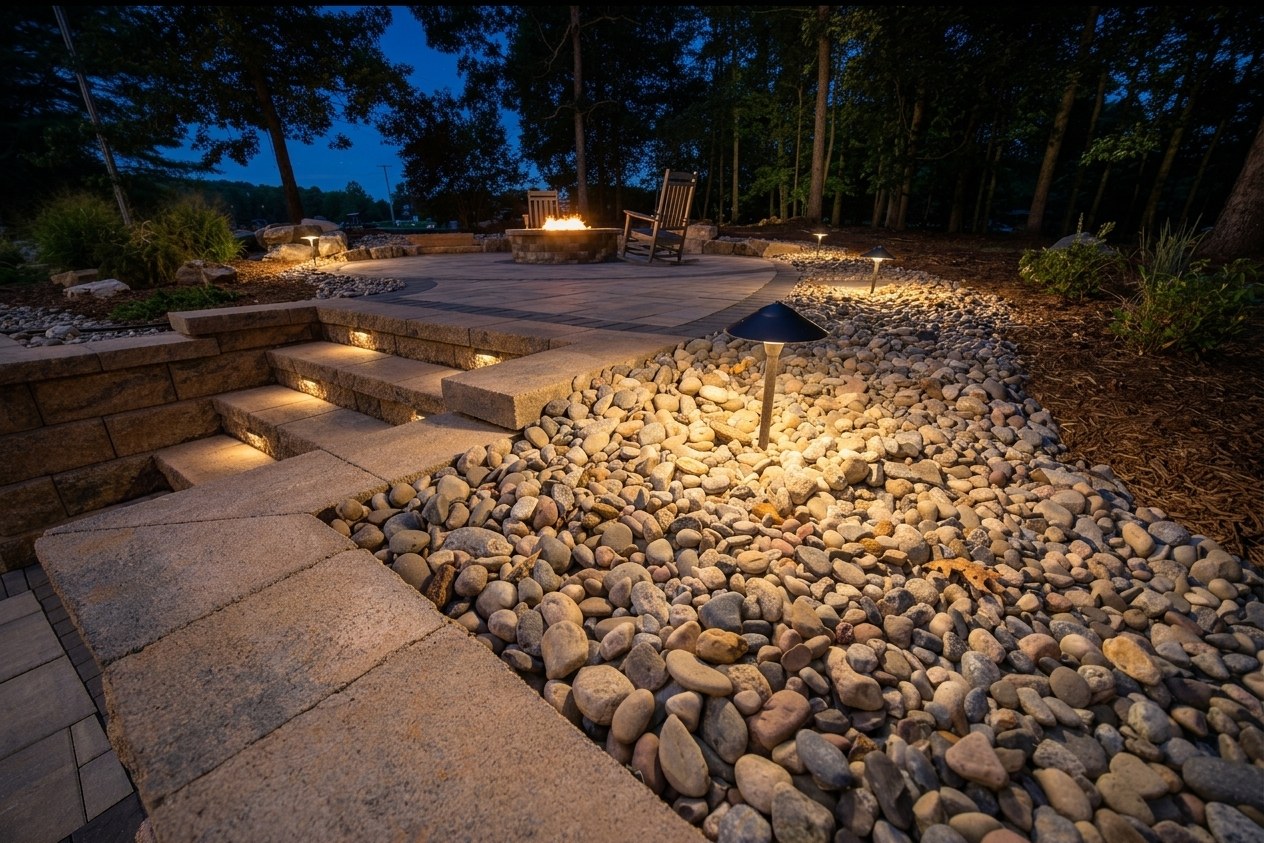 River rock drainage feature with landscape lighting